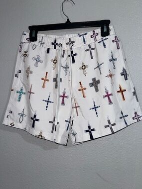 Saints studio White Drawstring Shorts with Multicolored Cross Print